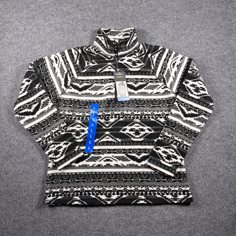Eddie Bauer Fleece Quarter Zip Women Large Black White Aztec‎ Tribal Pullover